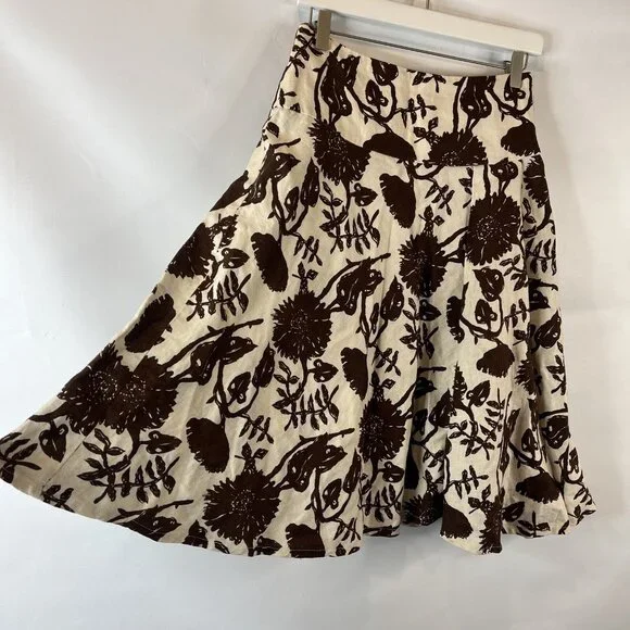 GAP Womens Linen Midi Skirt Size 0 Cream Brown Floral Fit & Flare - Picture 3 of 8
